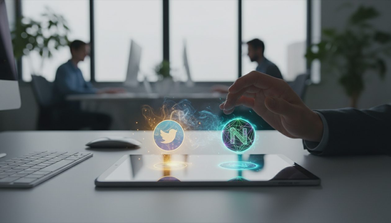 Hand choosing between an old and new productivity app icon on a tablet.