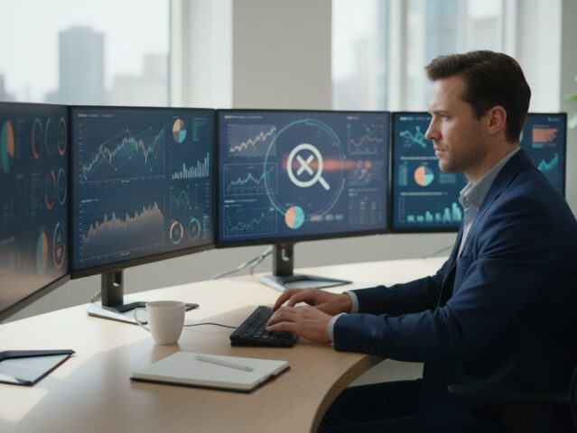Person at desk analyzing data on multiple screens with a magnifying glass icon, symbolizing digital information verification.