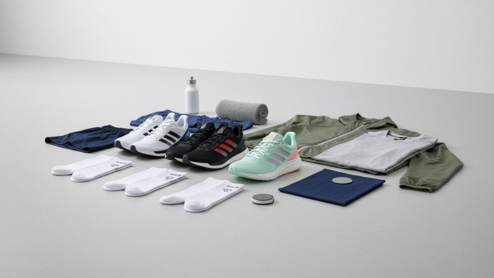 Adidas-style sneakers arranged for everyday running and training use