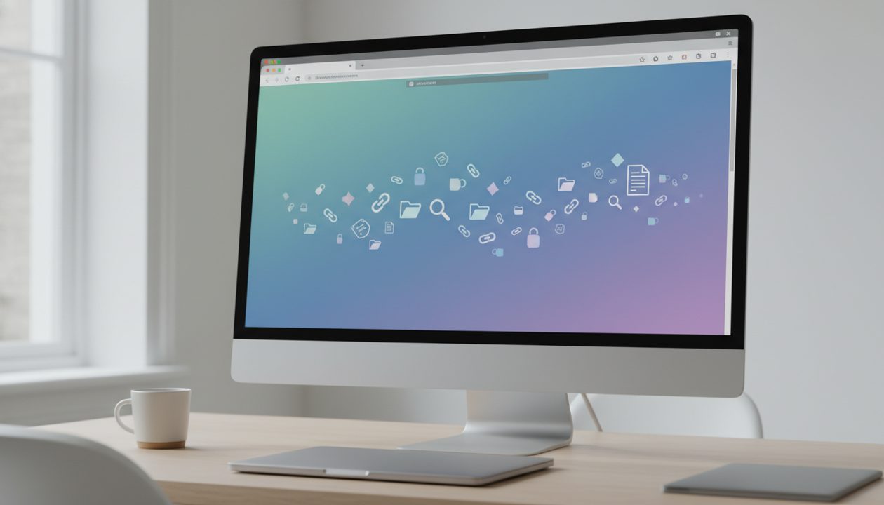 Digital tools and icons representing organized web research