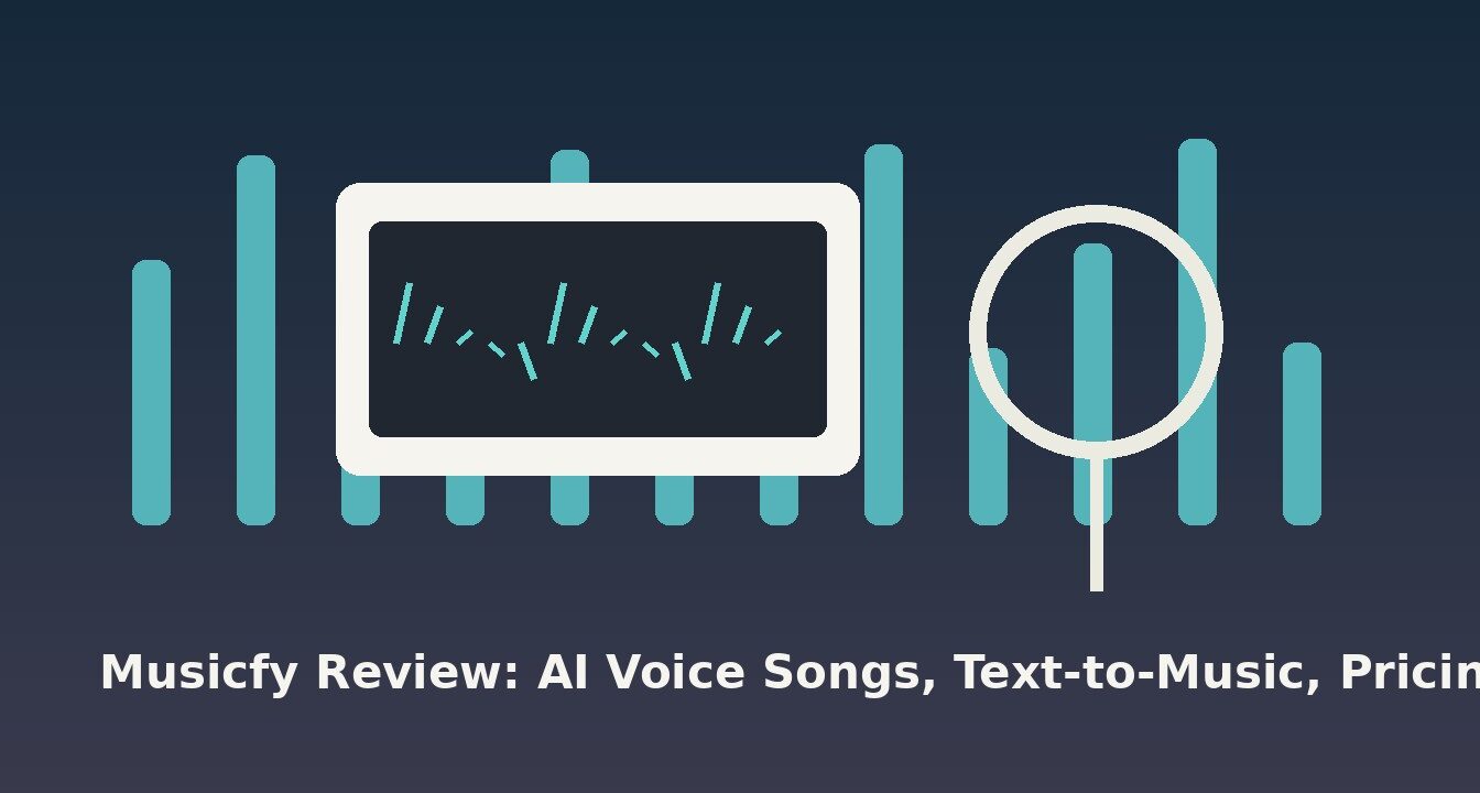 Musicfy AI music review studio desk with microphone and waveform interface