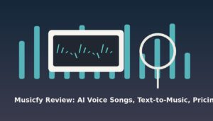 Musicfy AI music review studio desk with microphone and waveform interface
