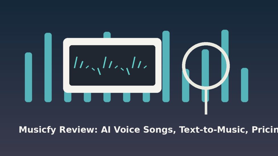 Musicfy AI music review studio desk with microphone and waveform interface